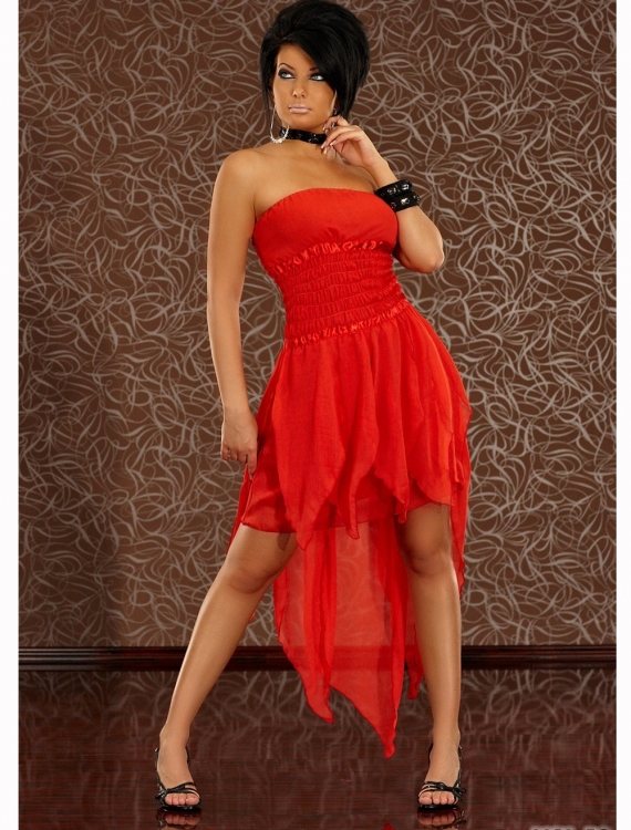 Chiffonkleid ZMG - Gesmokt/Zipfel - Rot