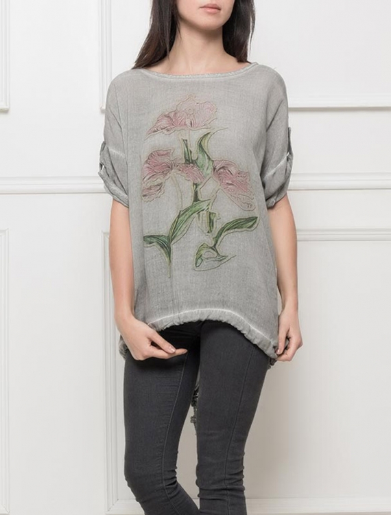 Kurzarmshirt Made in Italy - Blumen - Grau
