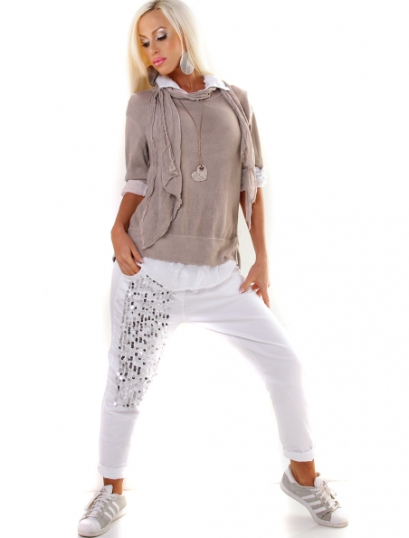 Pullover Carla Giannini - Bluse + Schal - Beige/Weiss