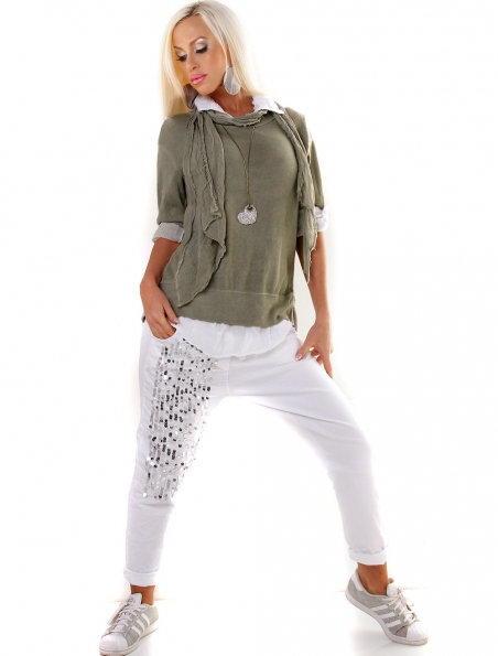 Pullover Carla Giannini - Bluse + Schal - Oliv/Weiss