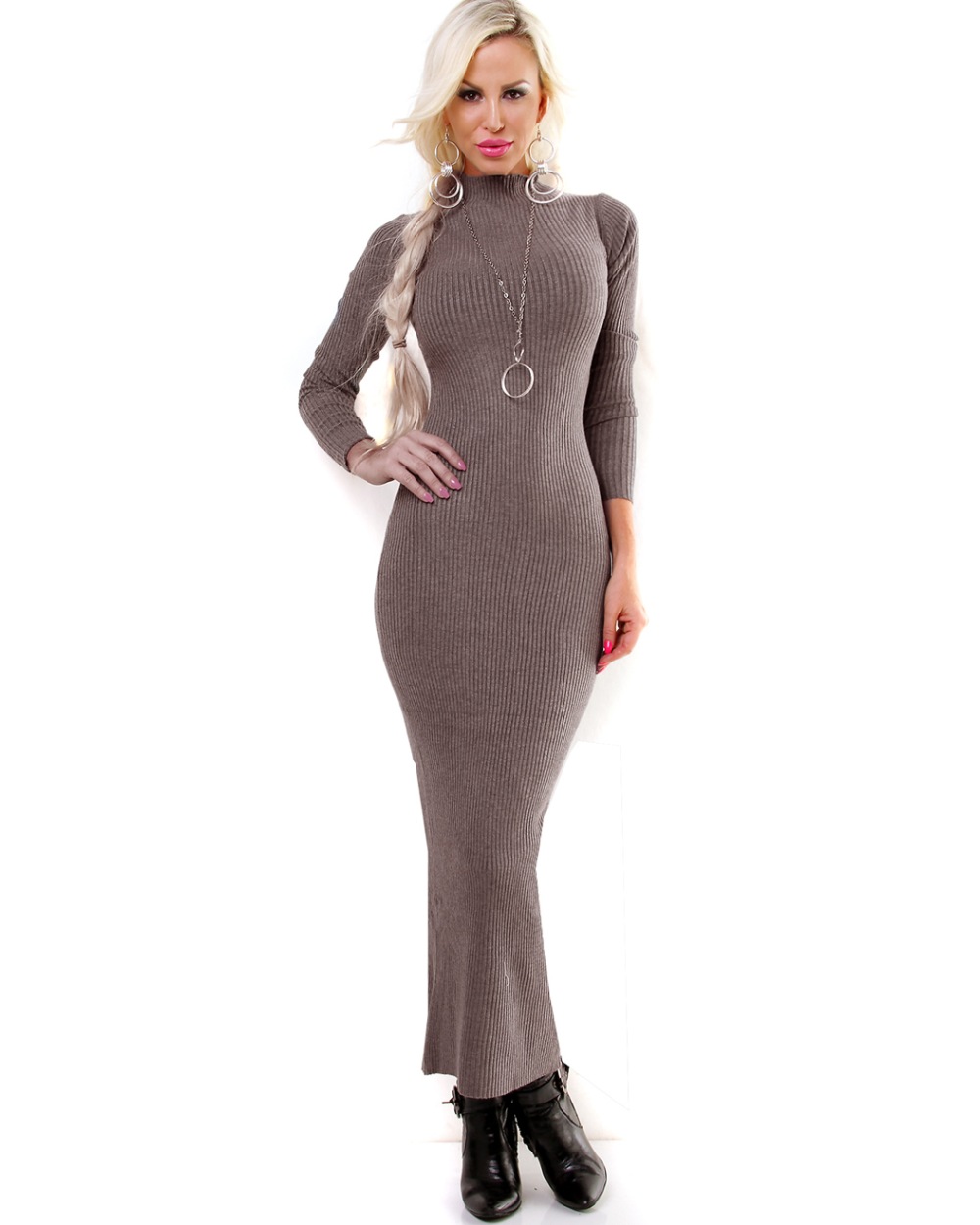 Strickkleid D&Z Fashion - Long Rip - Khaki