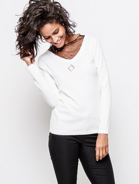 Pullover Sovogue - V Ausschnitt - Creme