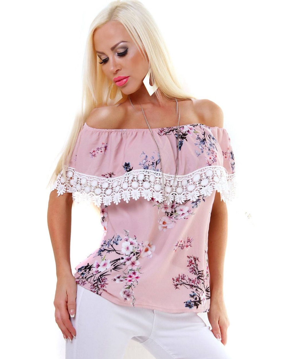 Kurzarmshirt Carmen - Spitze - Altrosa