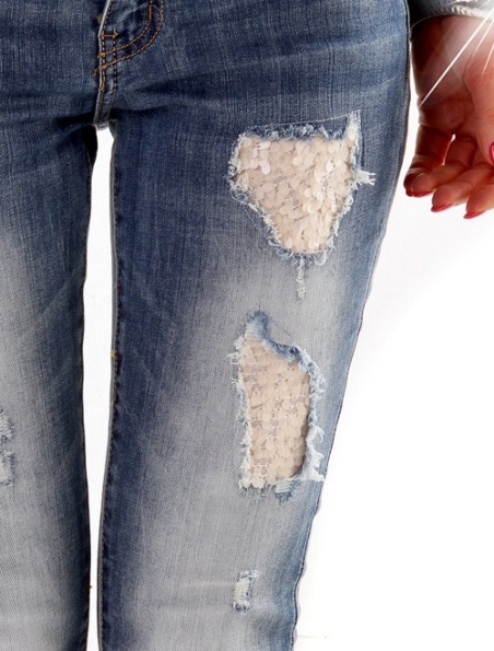 Jeans Regular - Pailletteneinsätze - Blau