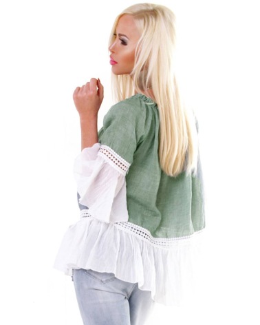 Bluse Elegance - Volants - Olive/Creme