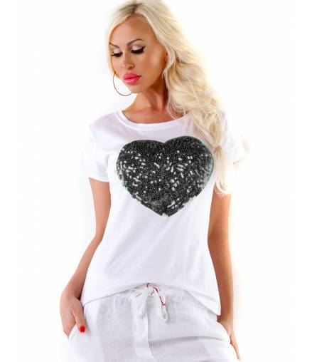 Kurzarmshirt Betty Blu - Big Heart - Weiss/Schwarz