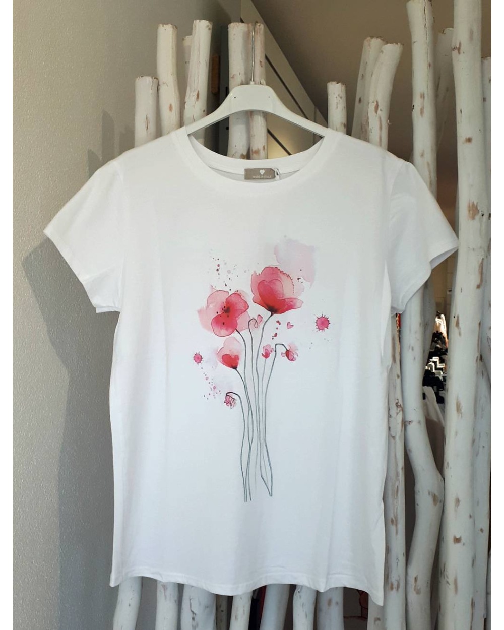 Kurzarmshirt Made in Italy - Mohn - Weiss/Rosa