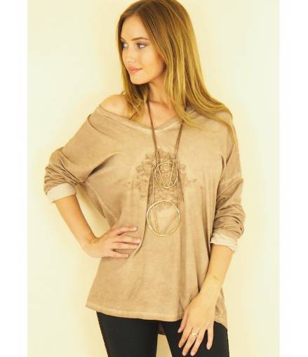 Langarmshirt Capucine - Relief Druck - Camel