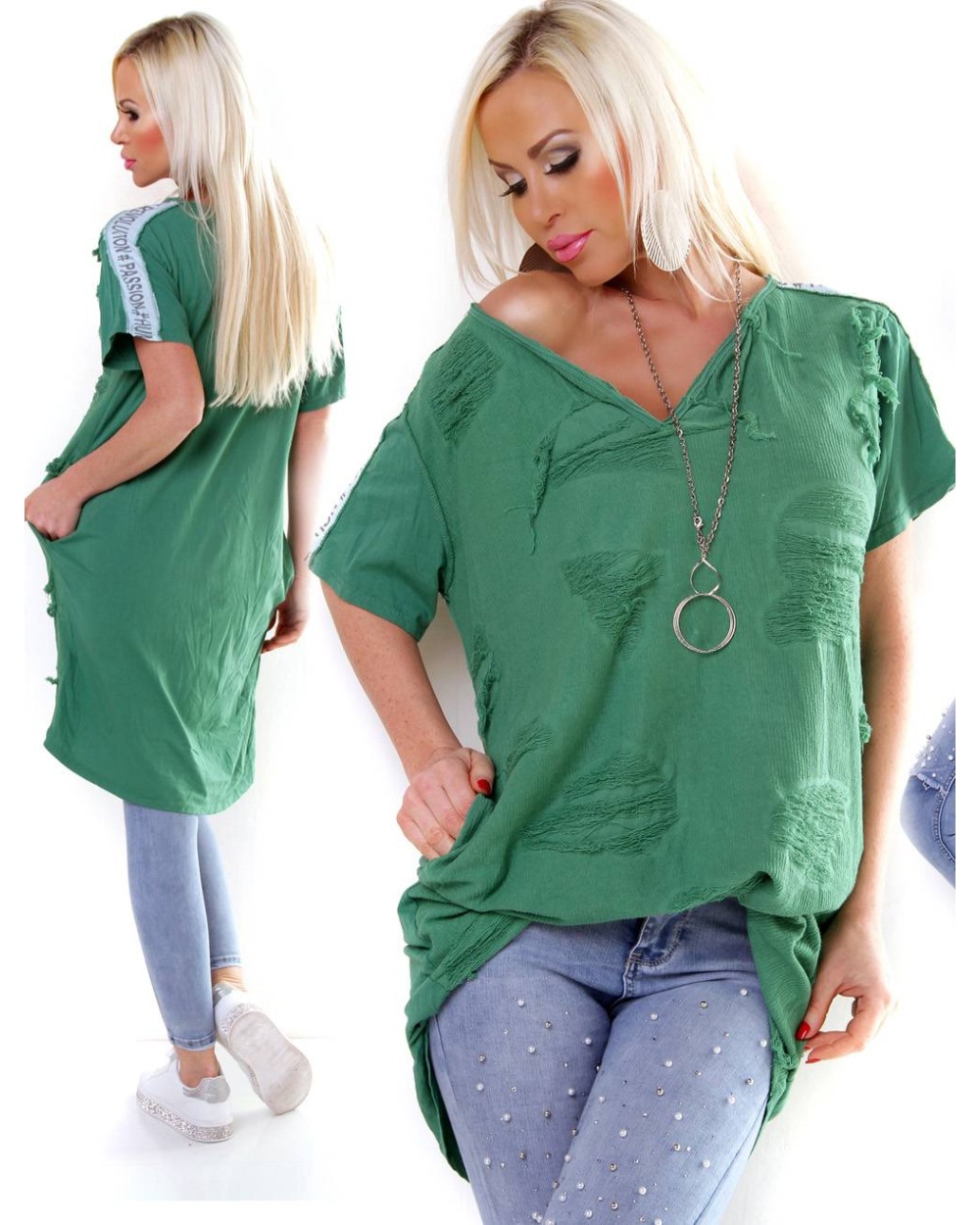 Kurzarmshirt 5People!S - Longshirt - Grün