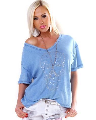 Kurzarmshirt - Sternchen Skull - Blau