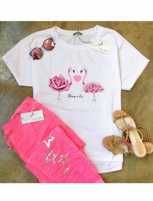 Kurzarmshirt Cascara - Crazy Flamingo - Weiss/Pink