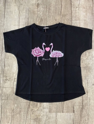 Kurzarmshirt Cascara - Crazy Flamingo - Schwarz/Pink