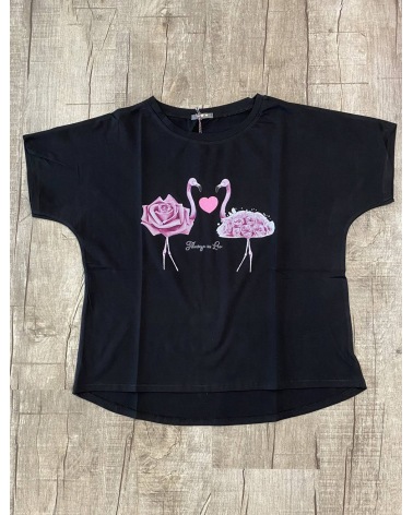 Kurzarmshirt Cascara - Crazy Flamingo - Schwarz/Pink