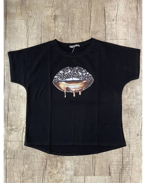 Kurzarmshirt Cascara - Lippen Gold - Schwarz Maglietta