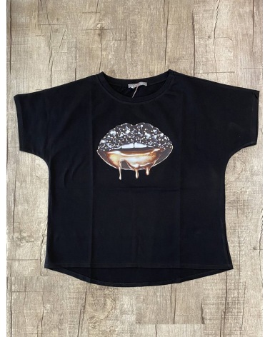 Kurzarmshirt Cascara - Lippen Gold - Schwarz