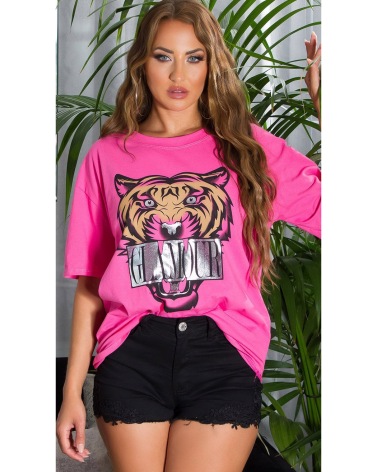 Kurzarmshirt Koucla - Tiger - Pink/Silber