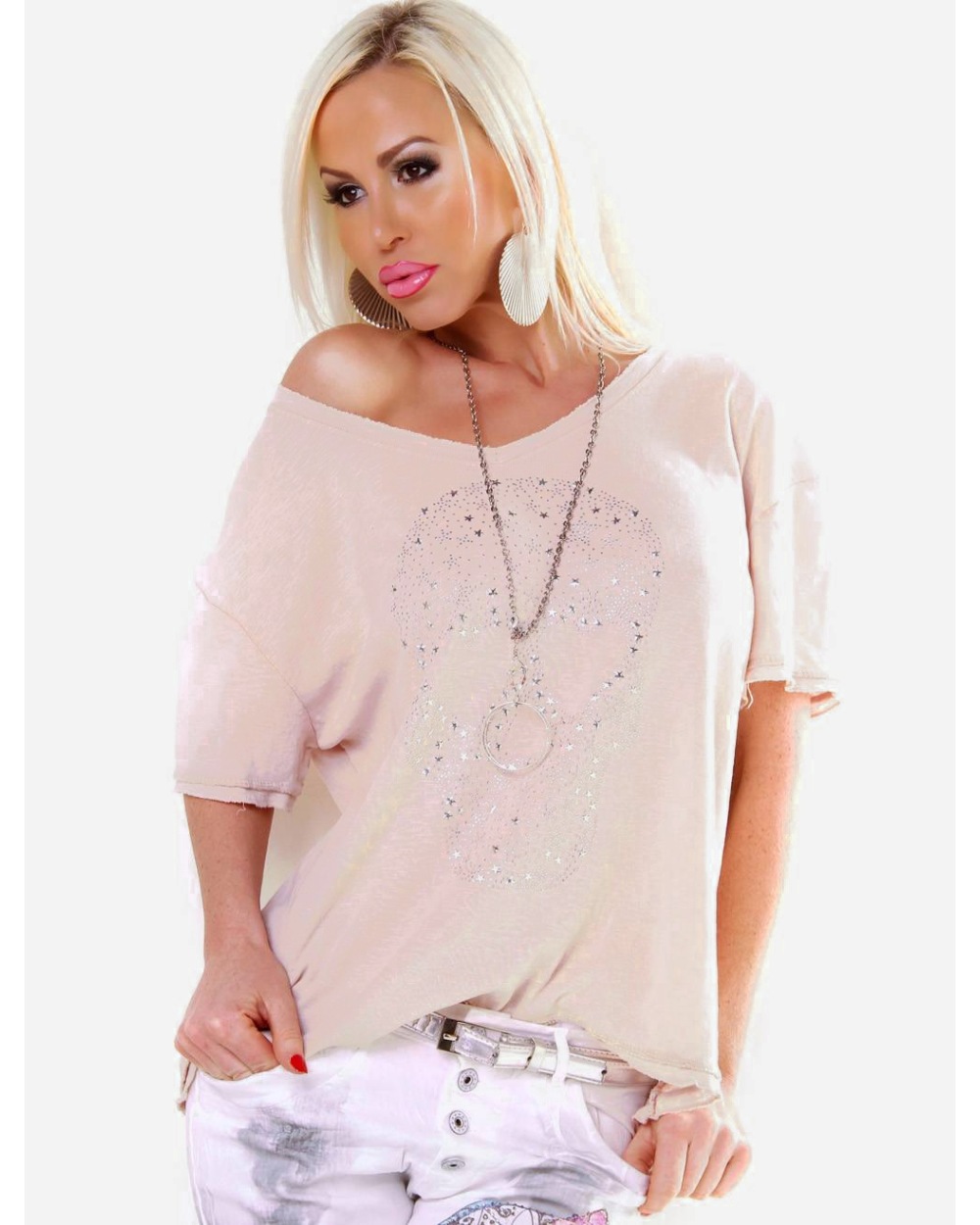 Kurzarmshirt - Sternchen Skull - Beige Maglietta
