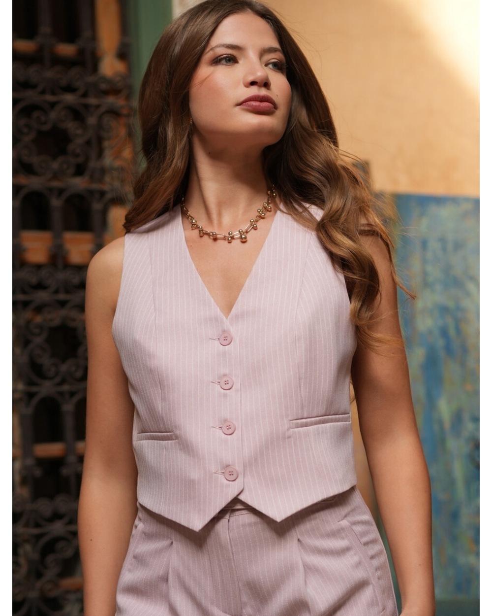Gilet Lulumary - Klassisch/Streifen - Rosa/Creme
