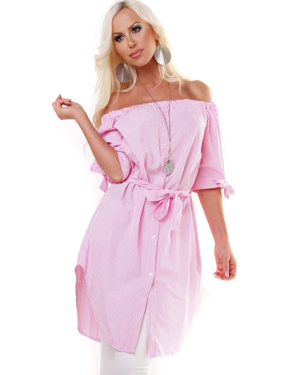 Kleid Made in Italy - Streifen - Rosa/Weiss All Dresses