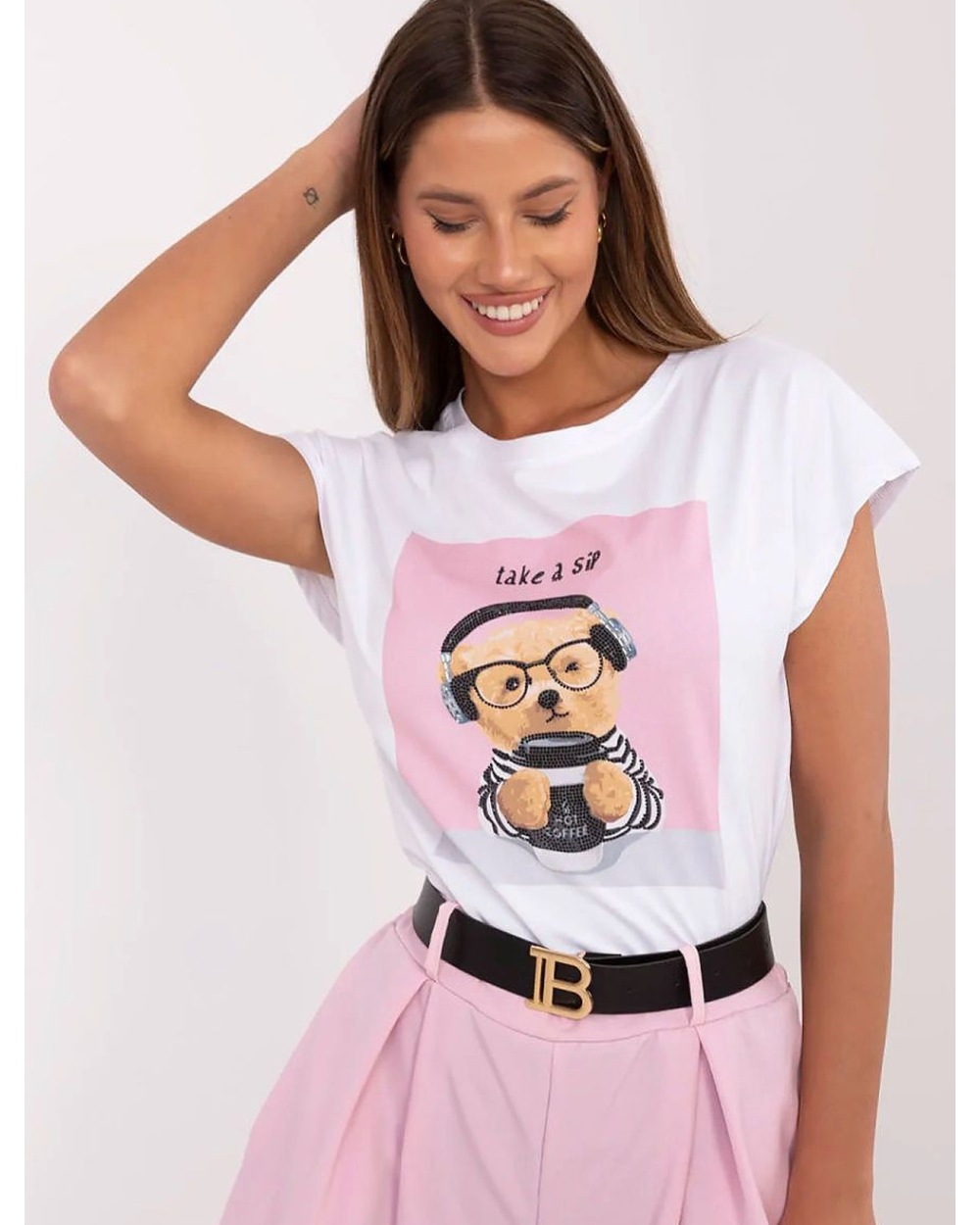 Kurzarmshirt Trendy.ing - Bär/Nietensteinchen - Weiss/Rosa