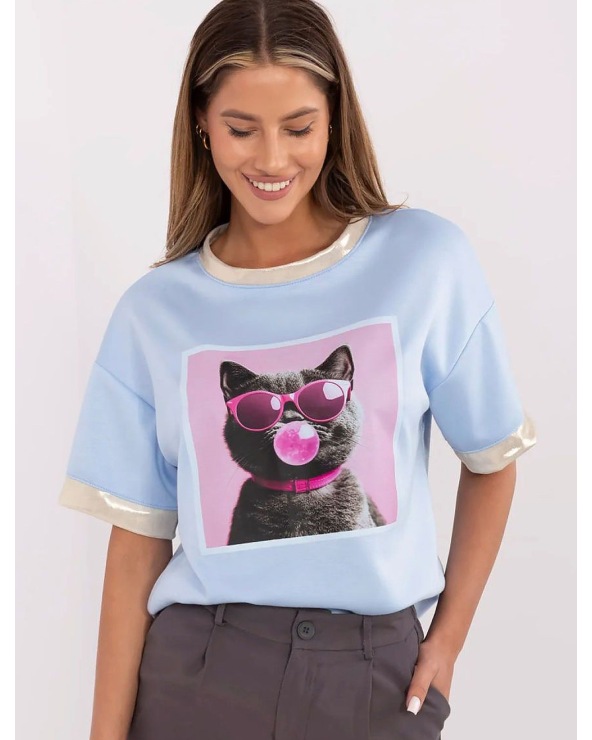 Kurzarmshirt Made in Italy - Katze - Blau