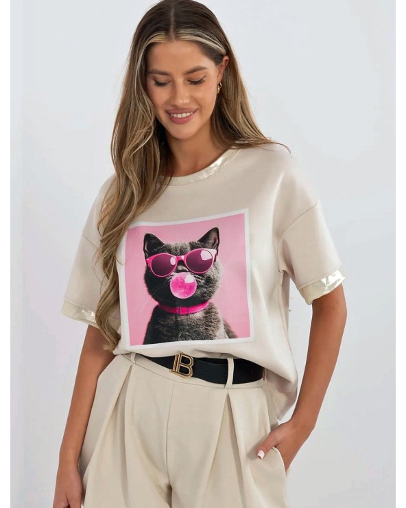 Kurzarmshirt Made in Italy - Katze - Beige