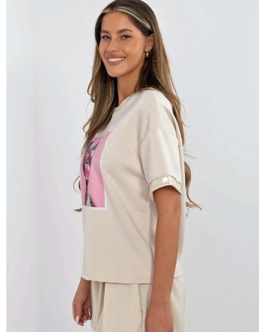Kurzarmshirt Made in Italy - Katze - Beige