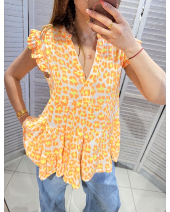 Kurzarm Bluse Made in Italy - Leo/Musselin - Neon/Creme