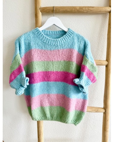 Pullover Italy Moda - Kurzarm - Blau/Rosa/Grün
