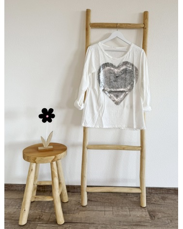 Langarmshirt D&F Fashion - Paillettenherz - Creme Sweatshirts
