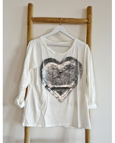 Langarmshirt D&F Fashion - Paillettenherz - Creme Sweatshirts