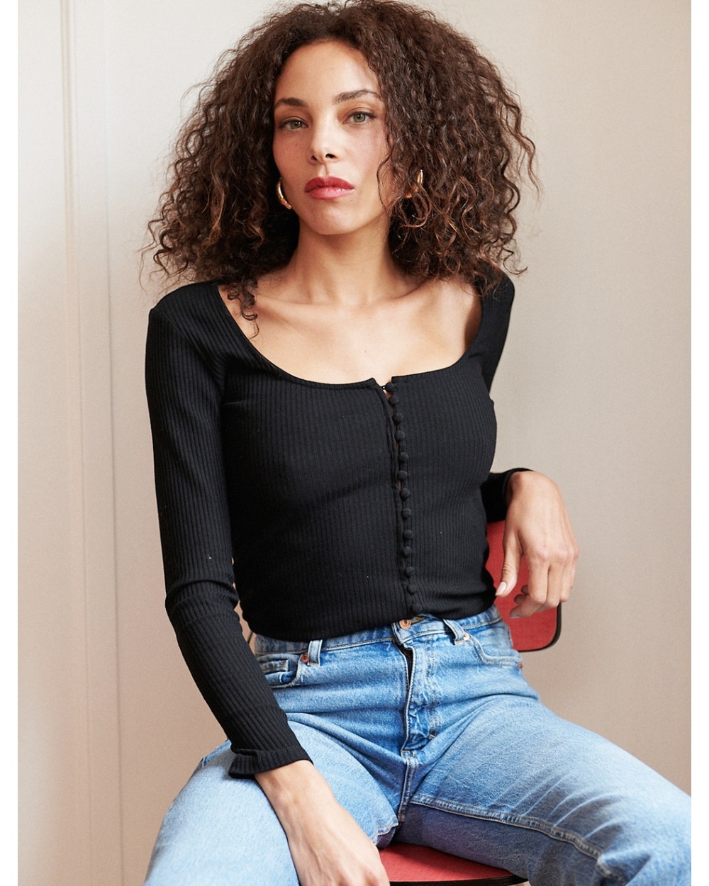 Langarmshirt Nathael - Basic/Ripp - Schwarz