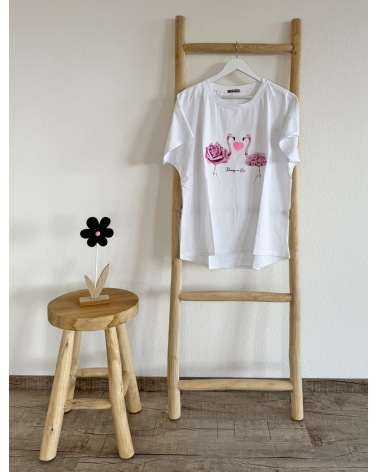 Kurzarmshirt Cascara - Crazy Flamingo - Weiss/Pink Kurzarmshirts