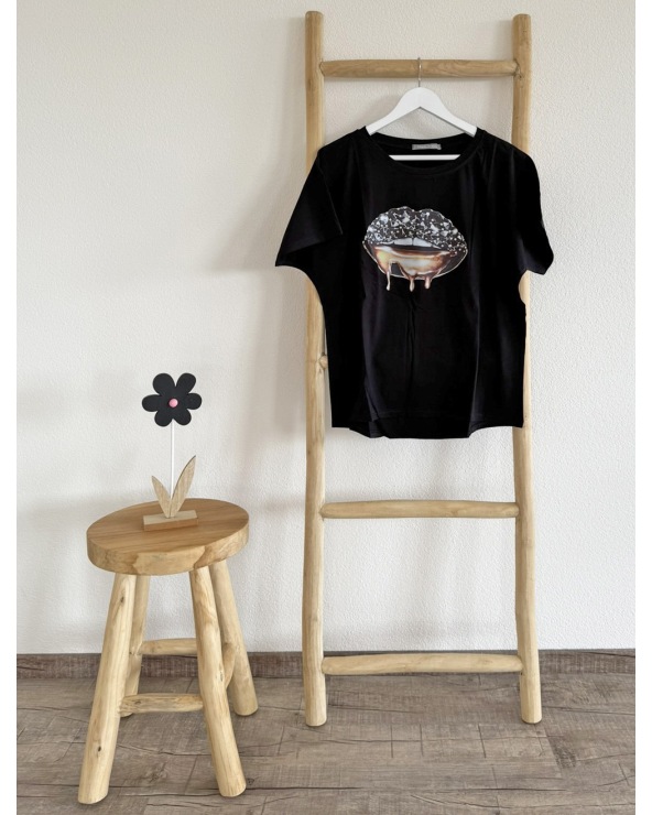 Kurzarmshirt Cascara - Lippen Gold - Schwarz Maglietta