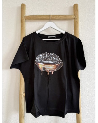 Kurzarmshirt Cascara - Lippen Gold - Schwarz Maglietta