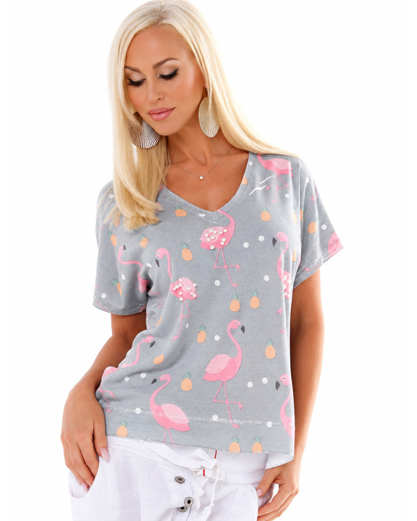 Kurzarmshirt 5People!S - Ananas/Flamingo - Grau Maglietta